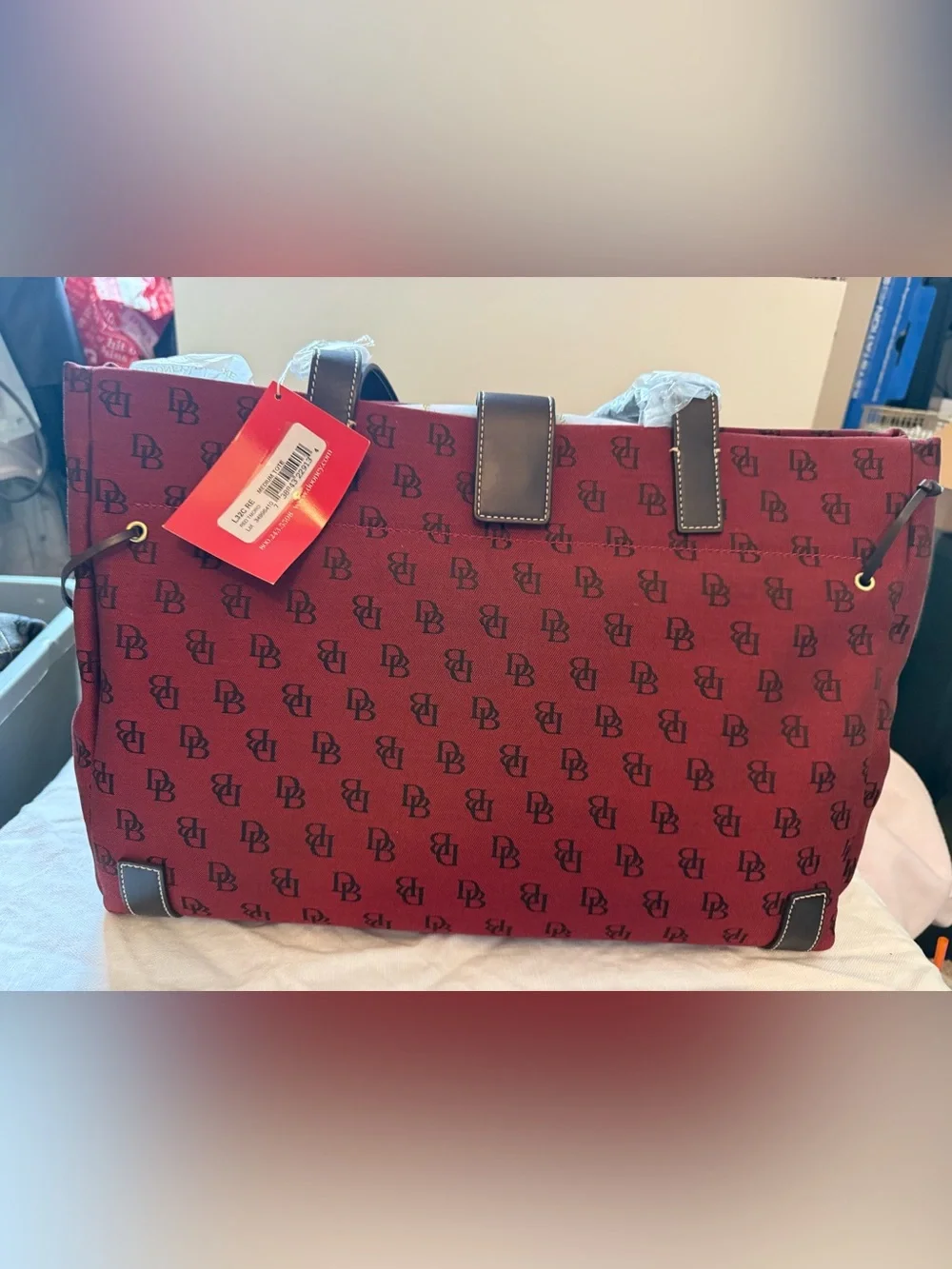 Dooney & Bourke Red Logo Canvas Tote with Brown Leather Trim